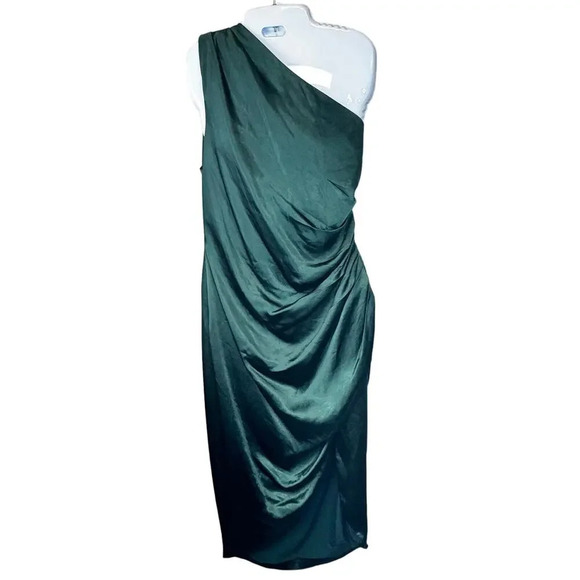 New Elliatt Cassini Emerald Green Satin One Shoulder Side Ruched Dress Women's L - Picture 3 of 14